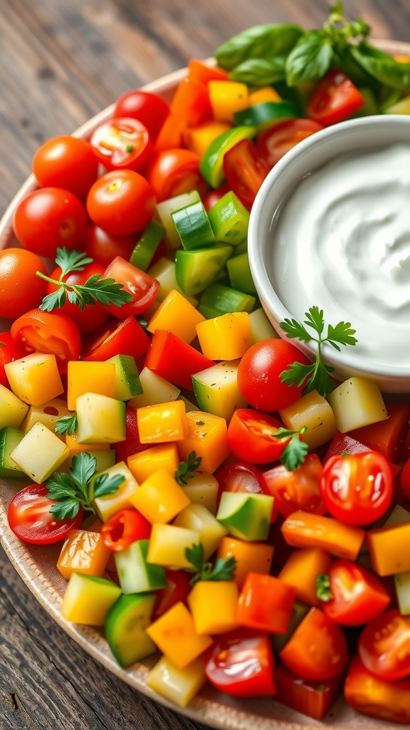 A colorful platter of lean and green appetizers with cherry tomatoes, cucumbers, and Greek yogurt dip.